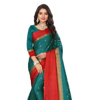 Teal Woven  Cotton Silk Saree With Blouse 4