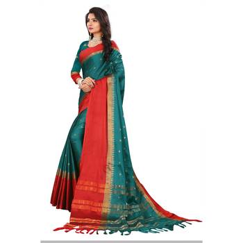 Teal Woven  Cotton Silk Saree With Blouse 5
