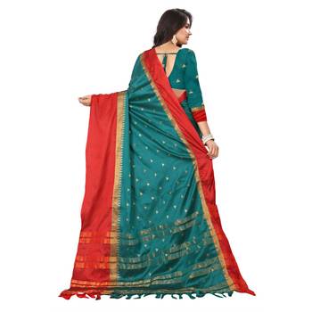 Teal Woven  Cotton Silk Saree With Blouse 6