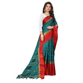 Teal Woven  Cotton Silk Saree With Blouse 7