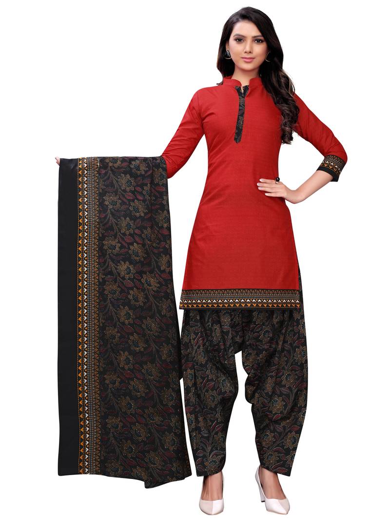 red cotton unstitched cotton salwar kameez