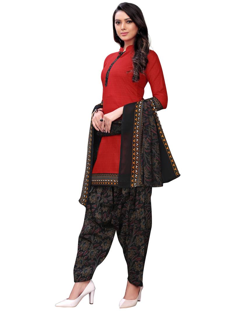 red cotton unstitched cotton salwar kameez