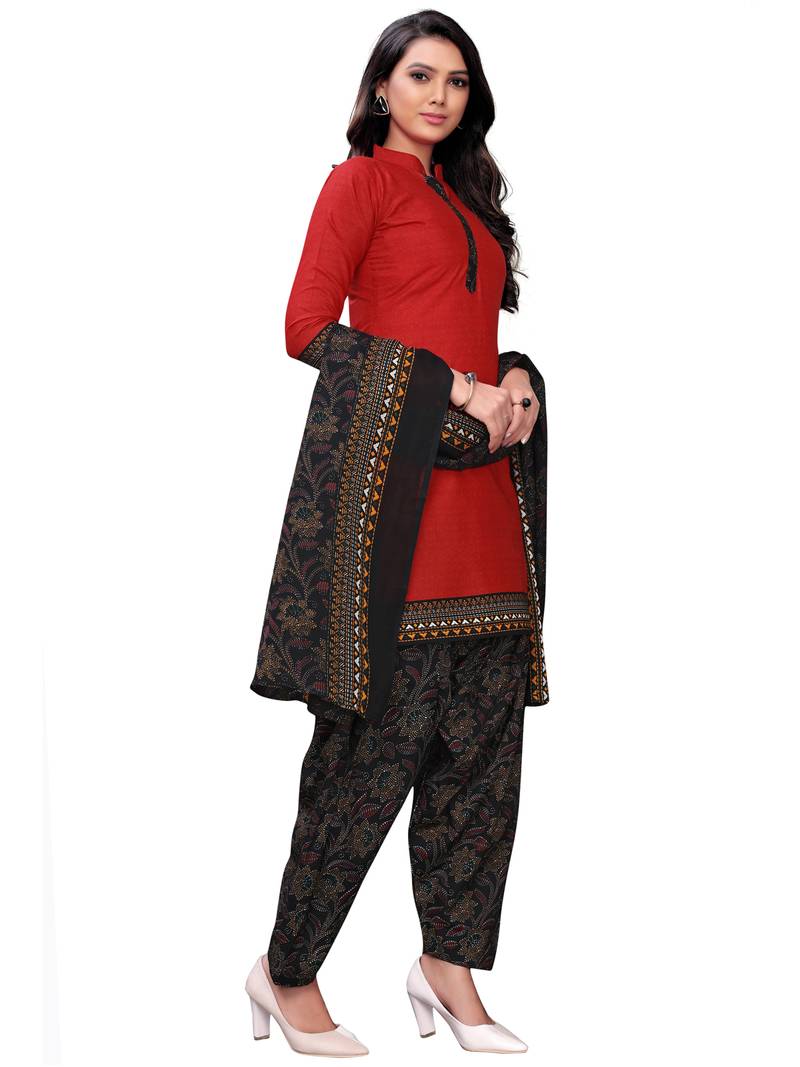 red cotton unstitched cotton salwar kameez