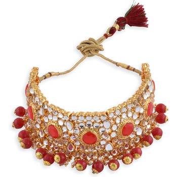 Gold plated Red Stone Studded Choker Necklace Set 3