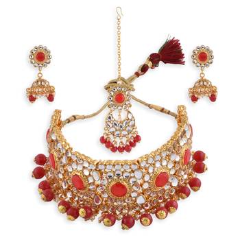 Gold plated Red Stone Studded Choker Necklace Set 4