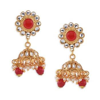 Gold plated Red Stone Studded Choker Necklace Set 5