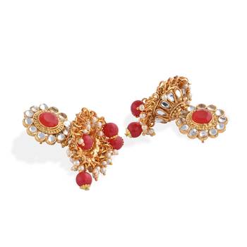 Gold plated Red Stone Studded Choker Necklace Set 6
