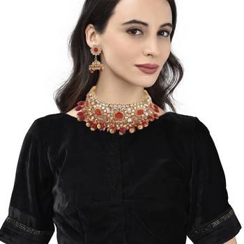 Gold plated Red Stone Studded Choker Necklace Set 1
