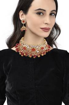 Gold plated Red Stone Studded Choker Necklace Set