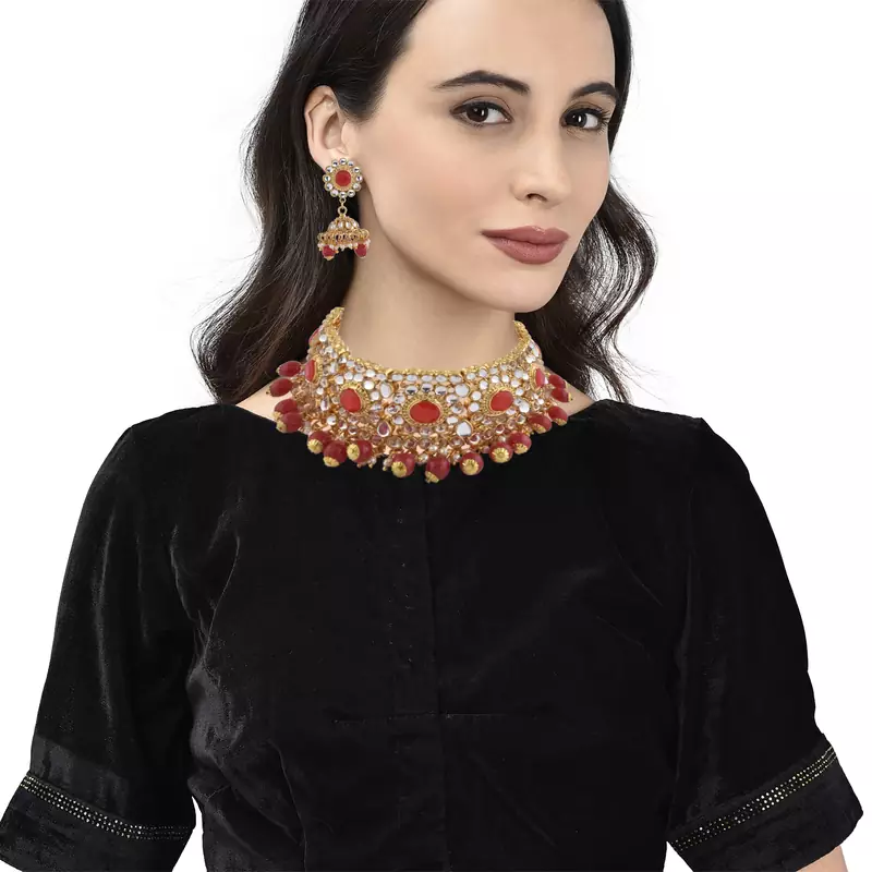 Gold plated Red Stone Studded Choker Necklace Set