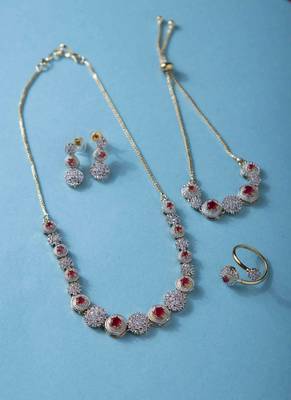 American Diamond Ruby Necklace Set with Earrings, Bracelet, and Ring 2