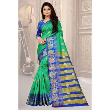 Green Woven  Cotton Silk Saree With Blouse 3