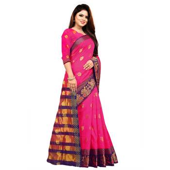 Pink Woven  Cotton Silk Saree With Blouse 4