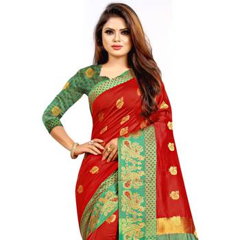 Red Woven  Cotton Silk Saree With Blouse 3