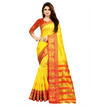 Yellow Woven  Cotton Silk Saree With Blouse 2