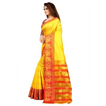 Yellow Woven  Cotton Silk Saree With Blouse 3