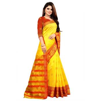 Yellow Woven  Cotton Silk Saree With Blouse 4