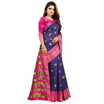 Blue Woven  Cotton Silk Saree With Blouse 4
