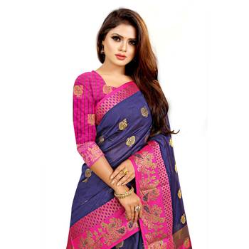 Blue Woven  Cotton Silk Saree With Blouse 6