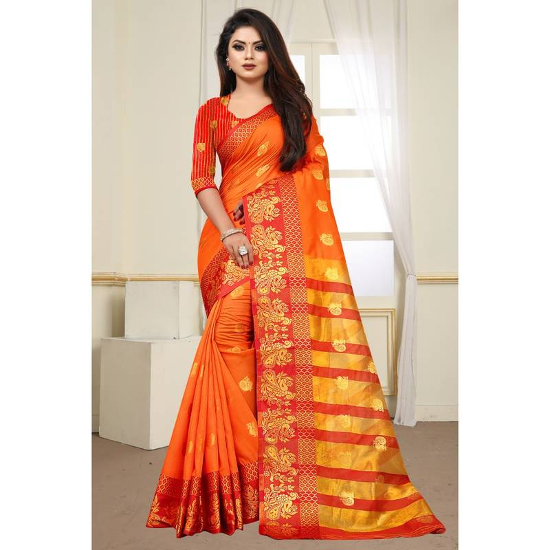 Orange Woven  Cotton Silk Saree With Blouse