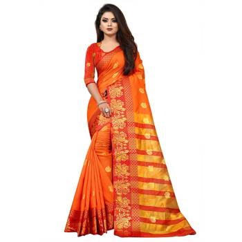 Orange Woven  Cotton Silk Saree With Blouse 3