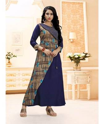 blue printed rayon long kurti 1