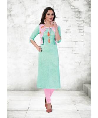 Pastel green embroidery pure cotton straight fit kurtis 1