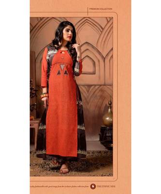 orange printed cotton long kurtis 1