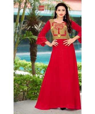 Red ethnic motif rayon long kurtis 1