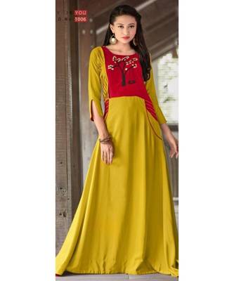 yellow ethnic motif rayon long  kurtis 1