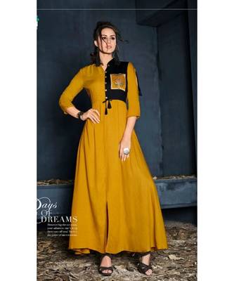 yellow embroidery rayon long kurtis 1