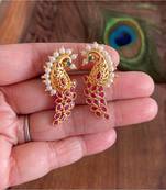 Gorgeous Gold Tone Pink Green Peacock Kohlapuri Earrings Dj30191