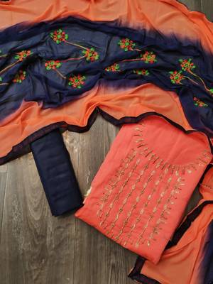 Anaita Chanderi Cotton Orange Color Embellised Dress Material With Embroidered Dupatta  1