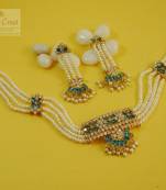 Jadau Pearl AD Blue Necklace Jewellery Set