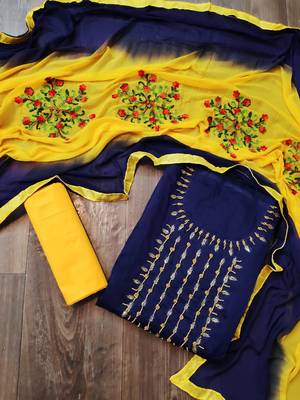 Anaita Chanderi Cotton Navy Blue Color Embellised Dress Material With Embroidered Dupatta  1