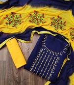Anaita Chanderi Cotton Navy Blue Color Embellised Dress Material With Embroidered Dupatta 