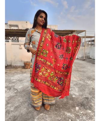 Red Color Foil Mirror Work Hand Embroidery Cotton Dupatta 1
