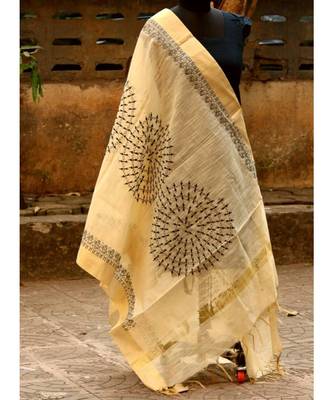 Cream Color Warli Printed Cotton Dupatta 1