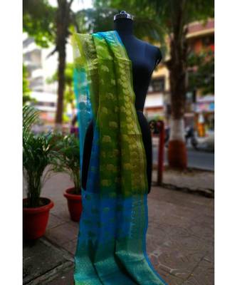 Sky Blue And Parrot Green Colored Printed Cotton Dupatta 1