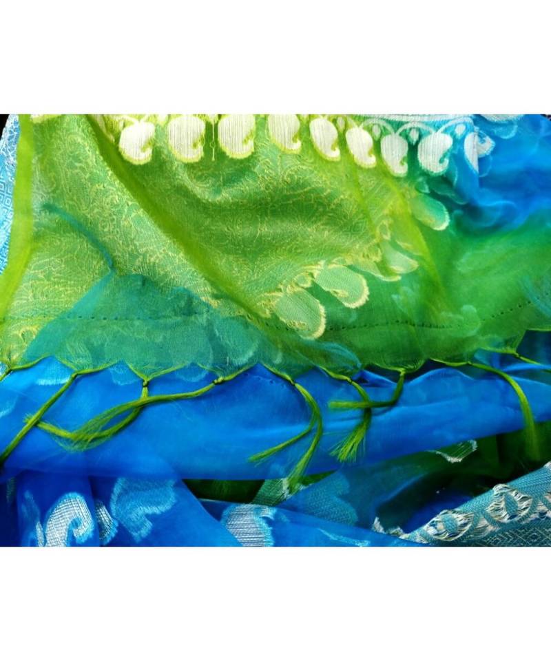 Sky Blue And Parrot Green Colored Printed Cotton Dupatta