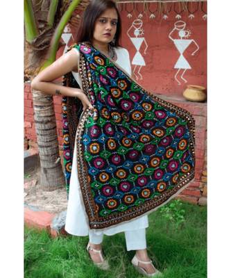 Black Colored Based Semi Georgette Fulkari Dupatta With Foil Mirror Work 1
