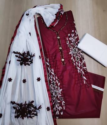 Anaita Pure Cotton Maroon Color Embroidered, Embellised Dress Material With Embroidered Dupatta  1