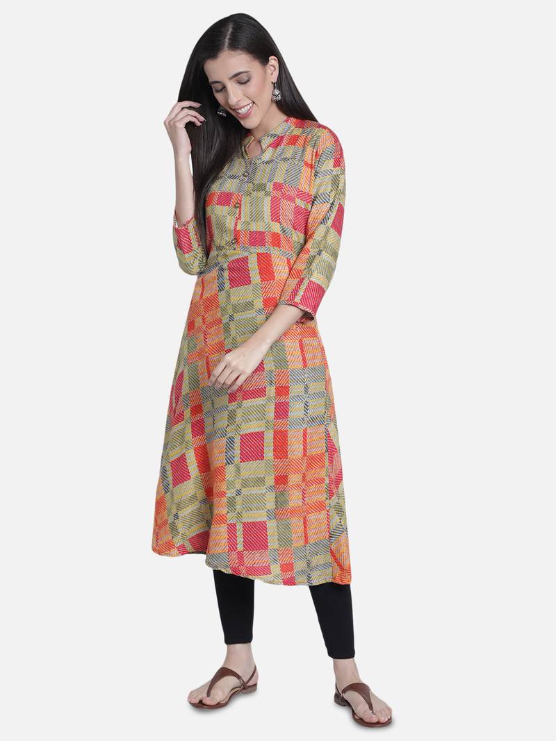 Fabclub Women's Heavy Rayon Geometric Printed Flared Kurti (MultiColor)