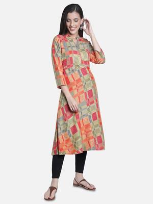 Fabclub Women's Heavy Rayon Geometric Printed Flared Kurti (MultiColor) 3