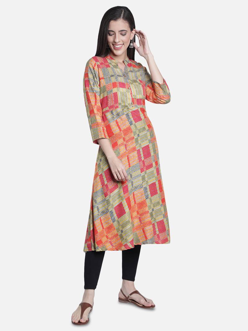 Fabclub Women's Heavy Rayon Geometric Printed Flared Kurti (MultiColor)