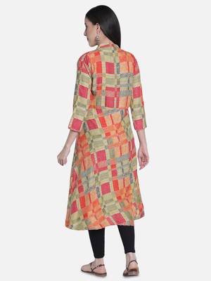 Fabclub Women's Heavy Rayon Geometric Printed Flared Kurti (MultiColor) 4