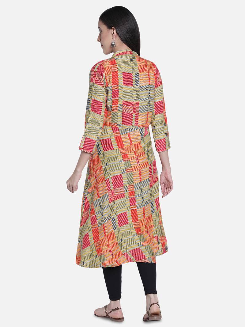 Fabclub Women's Heavy Rayon Geometric Printed Flared Kurti (MultiColor)