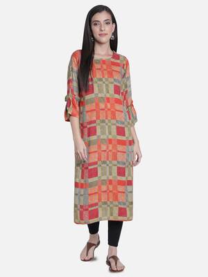 Fabclub Women's Heavy Rayon Boat Neck Stylish Bell Flared Sleeves Printed Kurti (MultiColor) 1