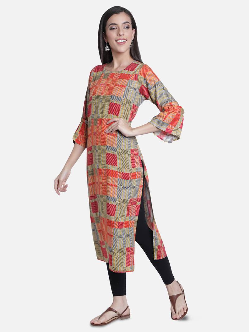Fabclub Women's Heavy Rayon Boat Neck Stylish Bell Flared Sleeves Printed Kurti (MultiColor)