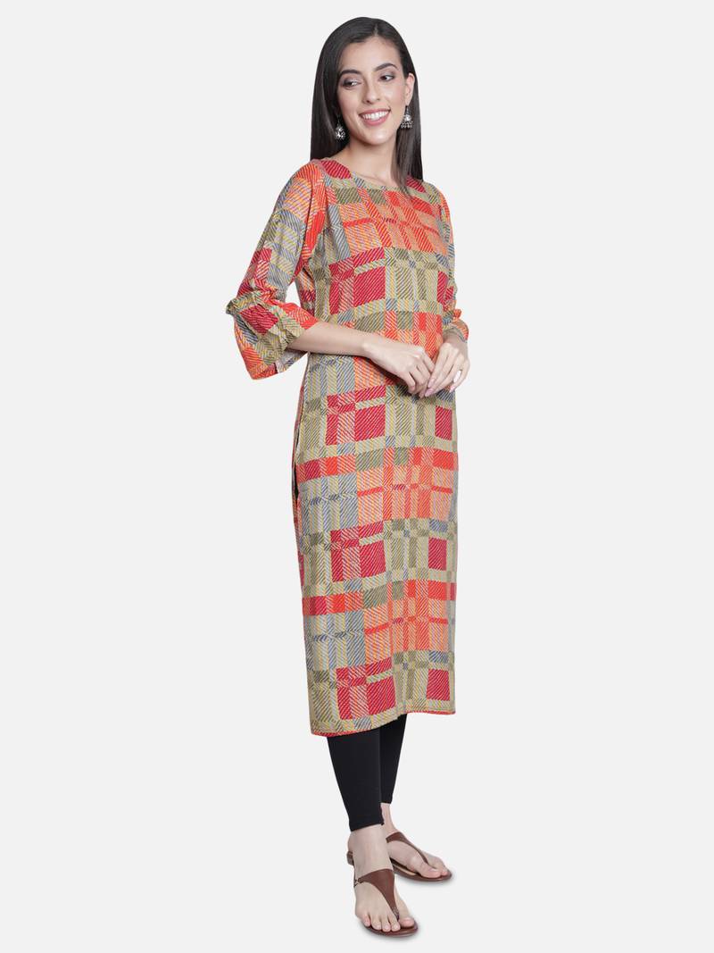 Fabclub Women's Heavy Rayon Boat Neck Stylish Bell Flared Sleeves Printed Kurti (MultiColor)